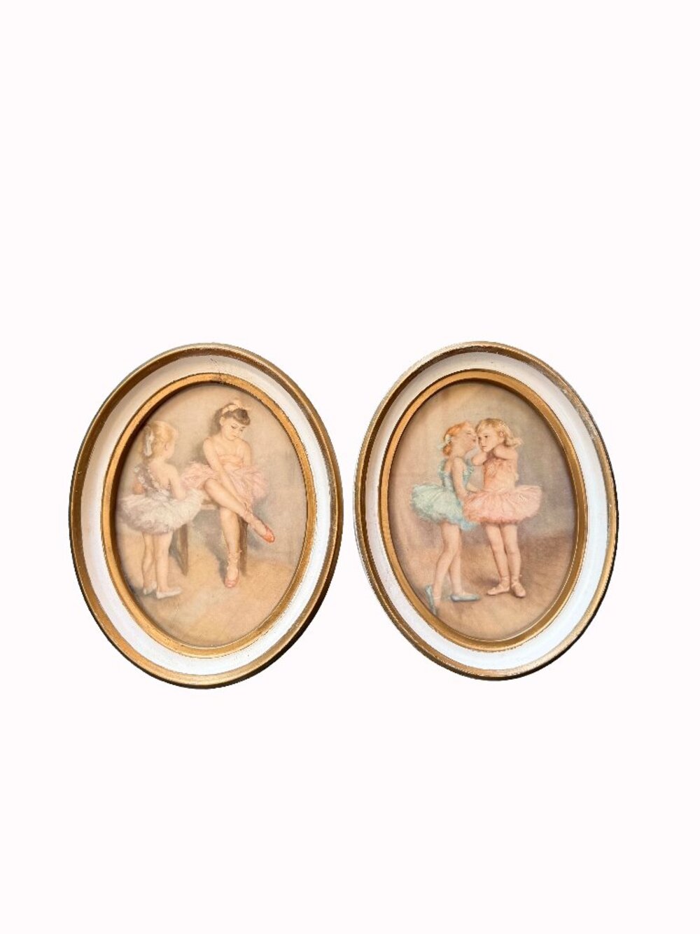 Vintage Oval Framed Ballerina Prints Set of 2 Gold Cream Nursery Wall Decor